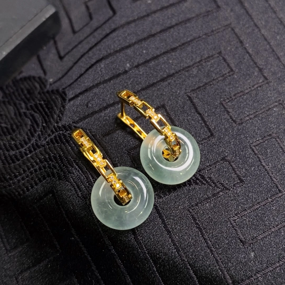 翡翠18K金镶嵌耳饰链条耳包➕玻璃底面包圈