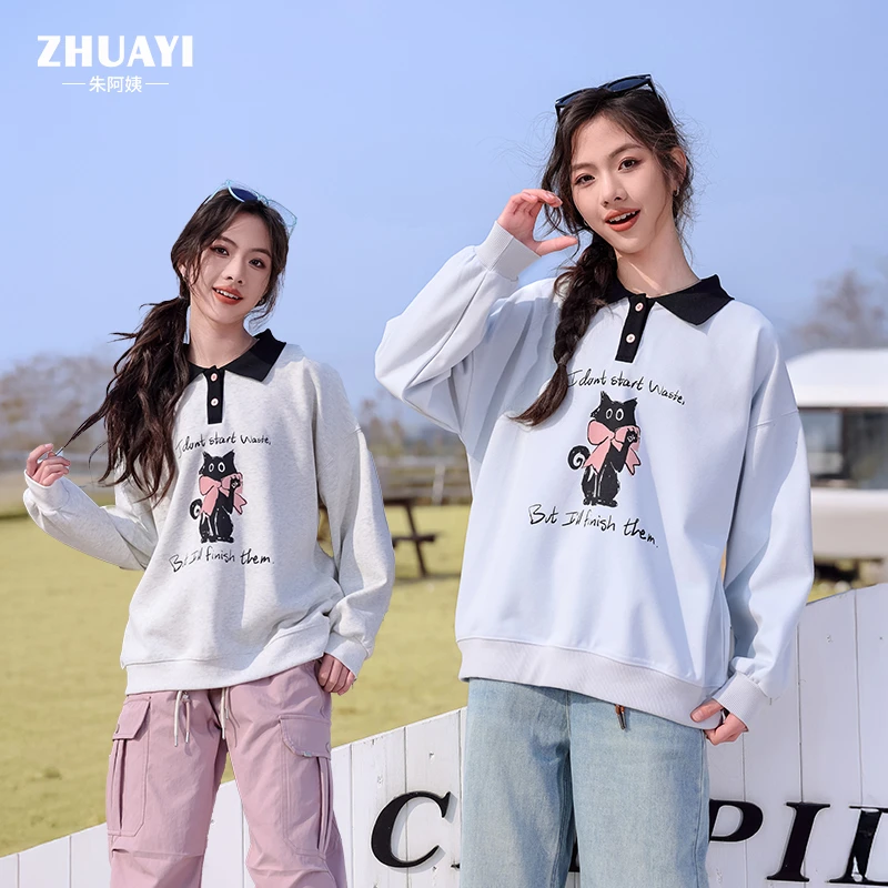 朱阿姨女大童翻领卫衣2025春季新款时髦卫衣宽松百搭休闲卡通上衣