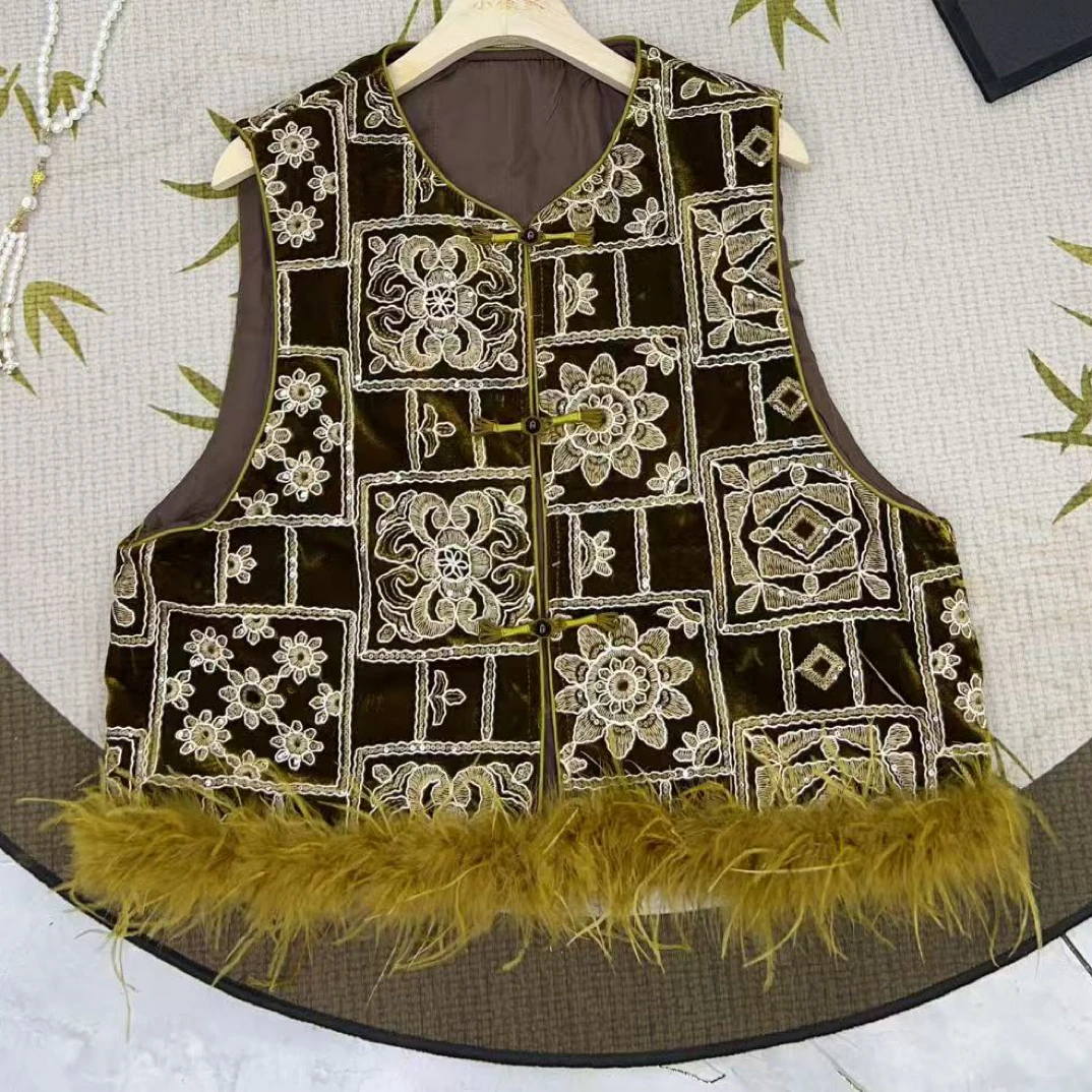 宽松型拼接刺绣亮片中国风圆领女马夹韩版百搭小香风0572