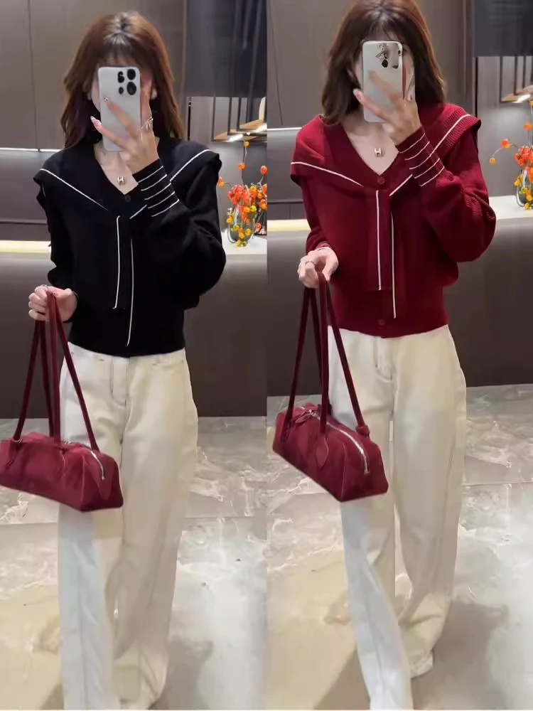 2025秋季新款时尚百搭拼接坎肩+长袖V领针织衫+显腿长直筒牛仔裤