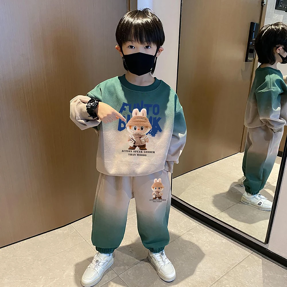 男童拉布布套装儿童春秋冬季加绒2025新款男孩时髦帅气秋装两件套