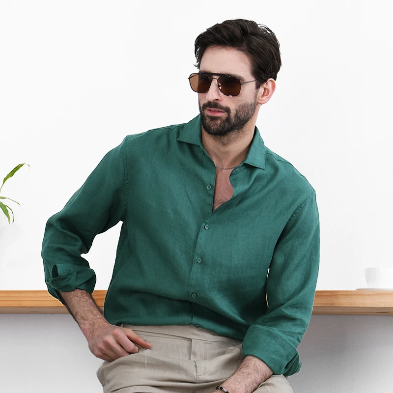 春季英伦风复古亚麻长袖衬衫时尚温莎领男士休闲衬衣纯色简约上衣