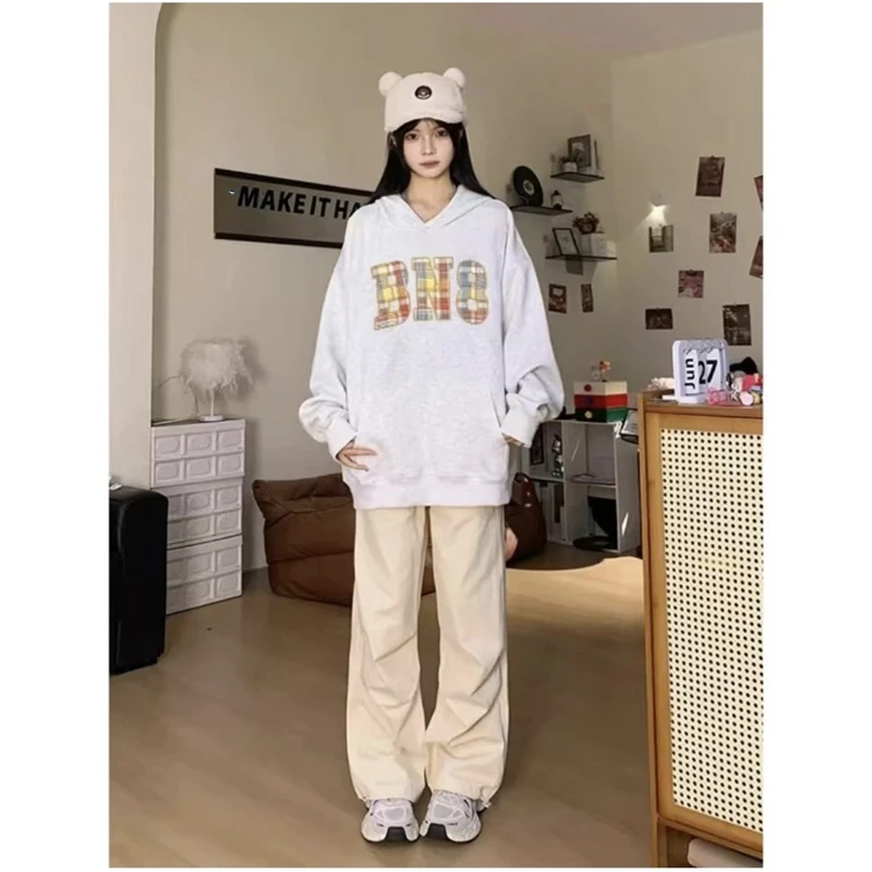 秋冬季美式贴布刺绣复古格子连帽卫衣女宽松慵懒风情侣帽衫#MJ070