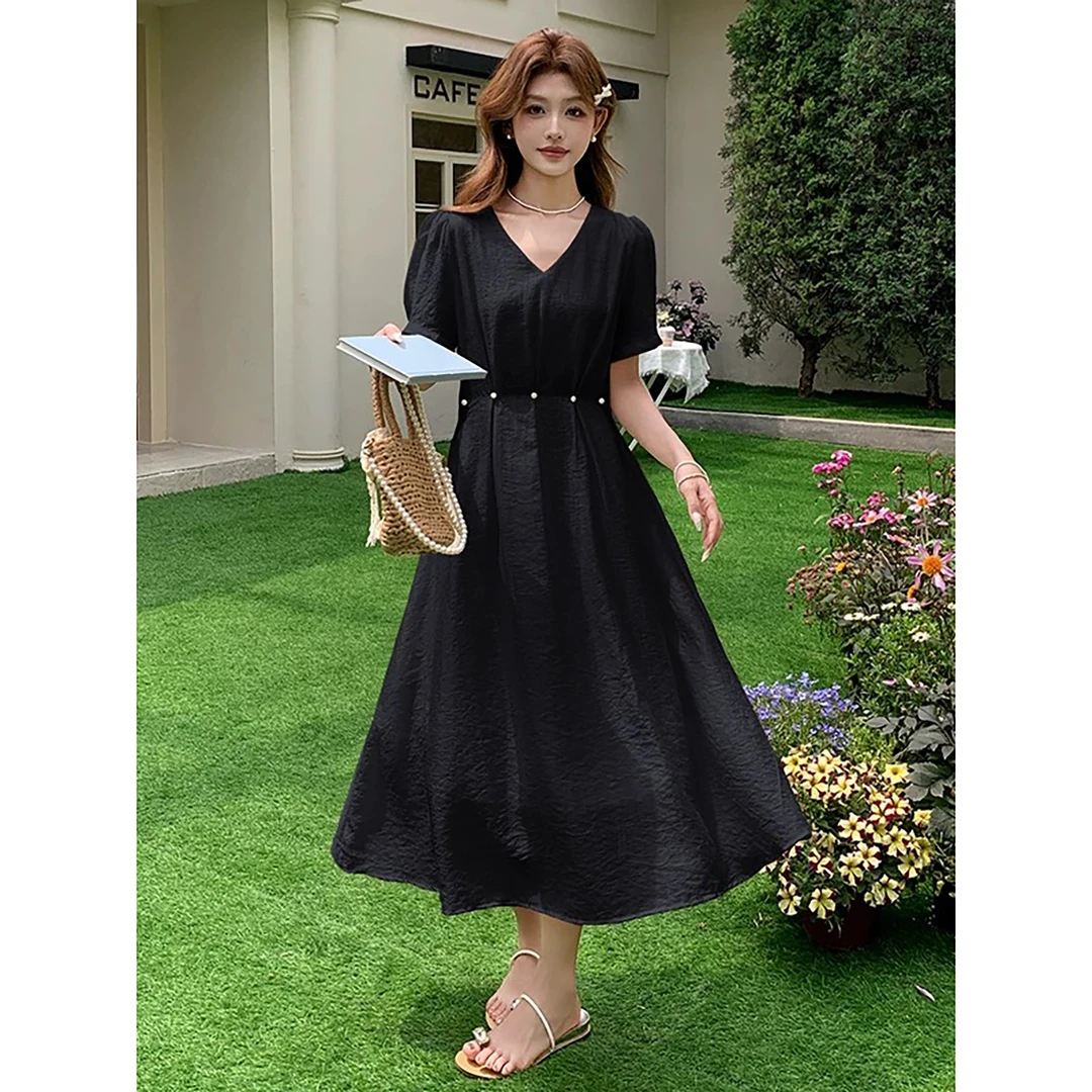 无印心匠B516-1 法式刺绣中长仙女裙收腰泡泡袖V领显瘦K1625