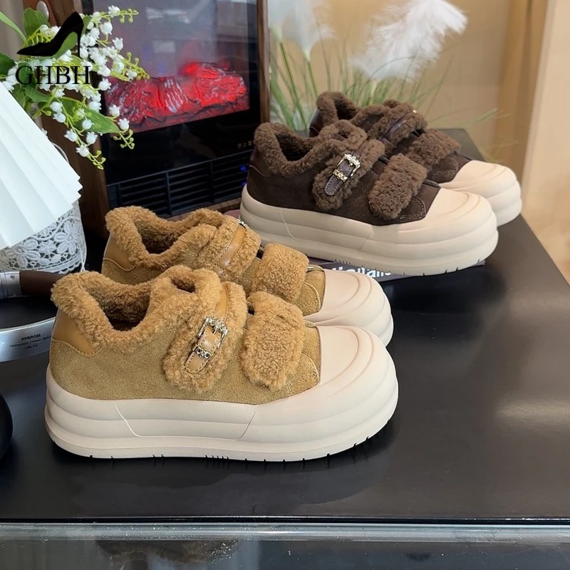 毛毛加绒厚底板鞋冬季新款魔术贴舒适加厚保暖女鞋欧美鞋棉鞋
