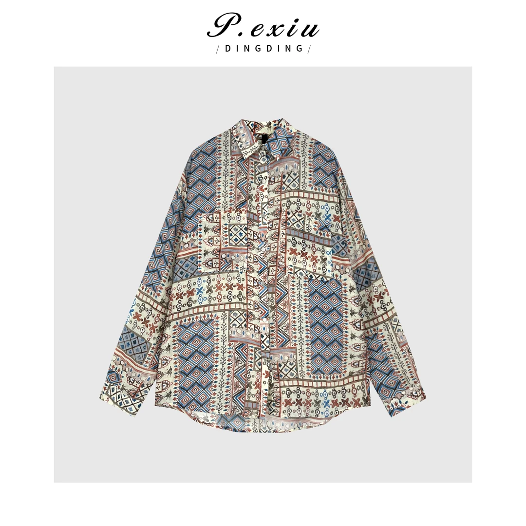 【港风衬衫】轻奢减龄复古印花翻领长袖衬衫 W-63406