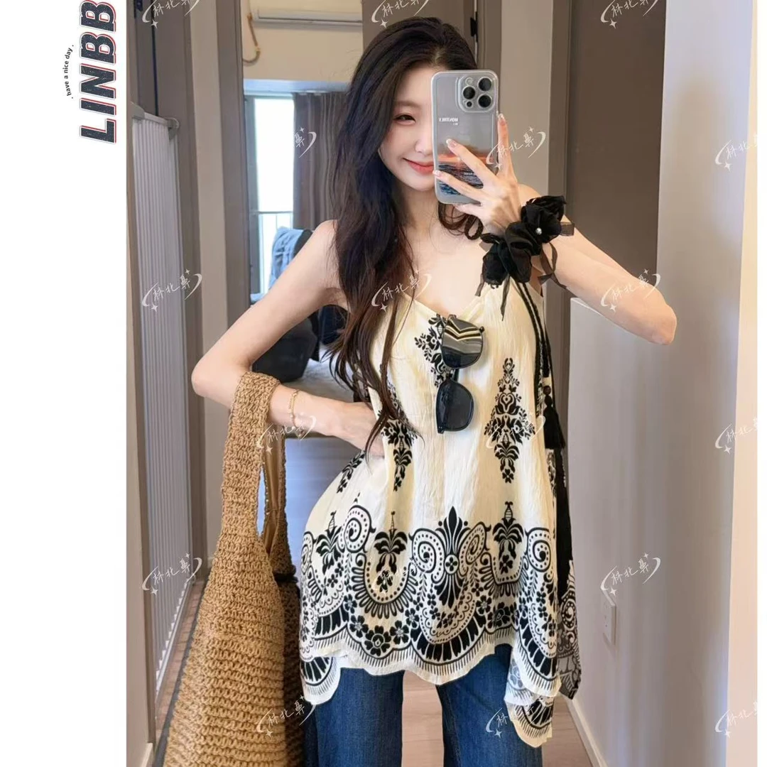 林北鼻-【小提琴】韩国东大门同款两面穿印花设计师背心吊带上衣
