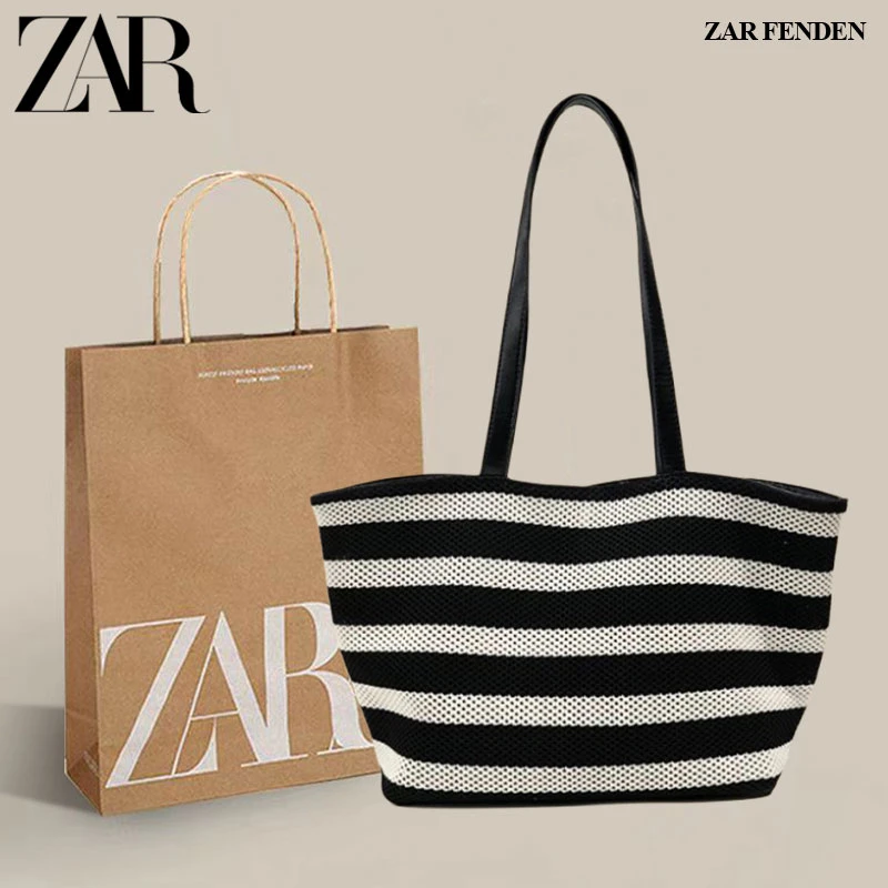 ZAR FENDEN海边度假包包女2025夏季新款编织沙滩包条纹镂空托特包
