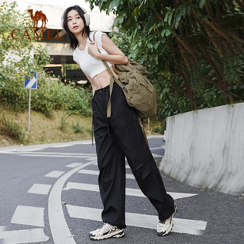 骆驼降落伞工装裤运动长裤女流光风高腰垂感美式风束脚阔腿伞兵裤