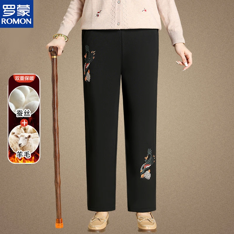 罗蒙妈妈装蚕丝羊毛加厚裤子奶奶秋冬季棉裤女中老年人保暖长裤