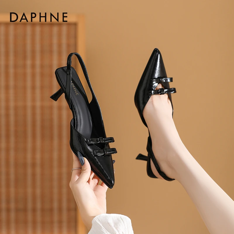 达芙妮双蝴蝶结包头凉鞋女2025秋季新款法式一字带单鞋细跟高跟鞋