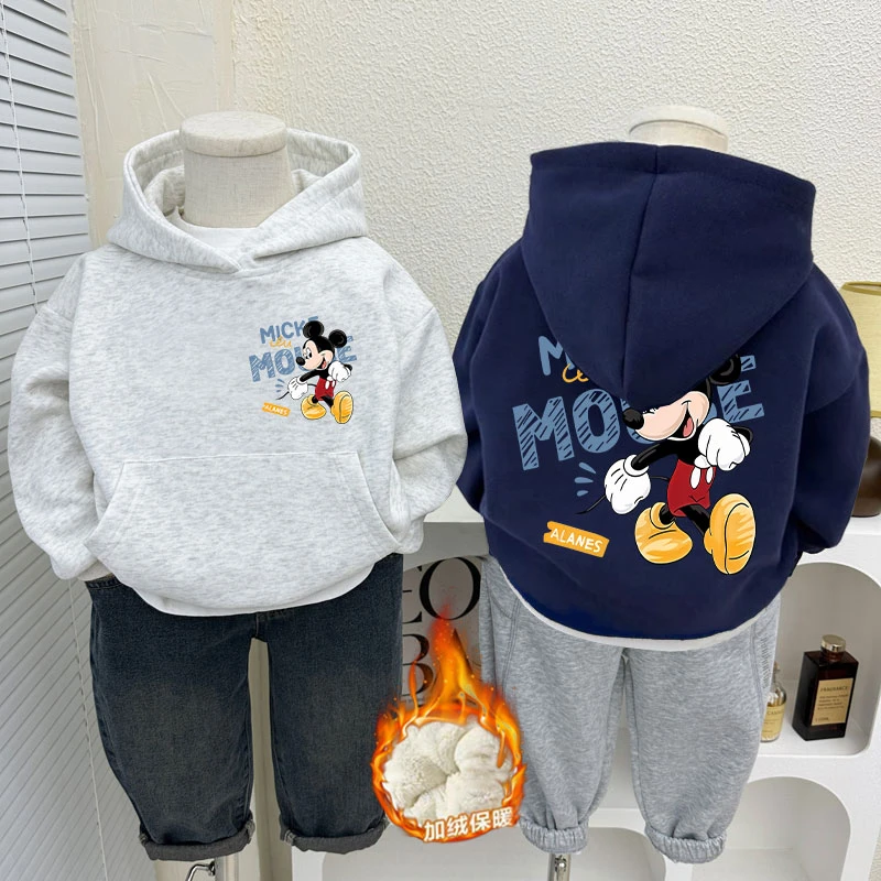 加绒加厚童装连帽卫衣秋冬2024新款可爱米奇男女儿童保暖上衣服潮