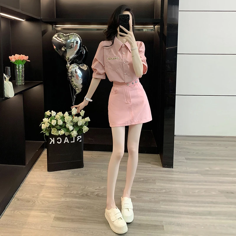 千金贵气名媛风女装夏季套装温婉大方衣服衬衫短袖牛仔短裙两件套