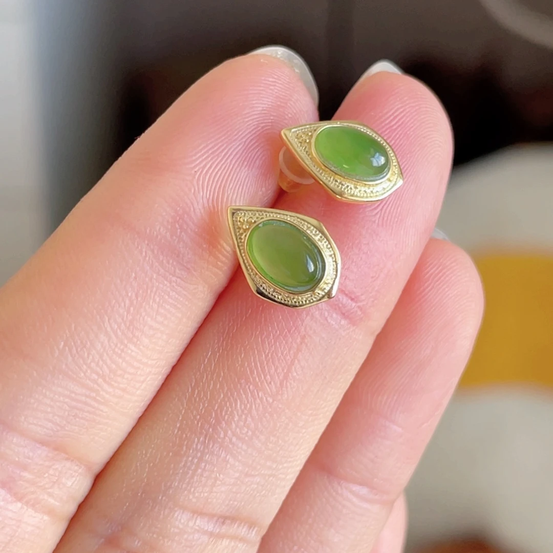 和田玉耳饰银S925镶嵌碧玉