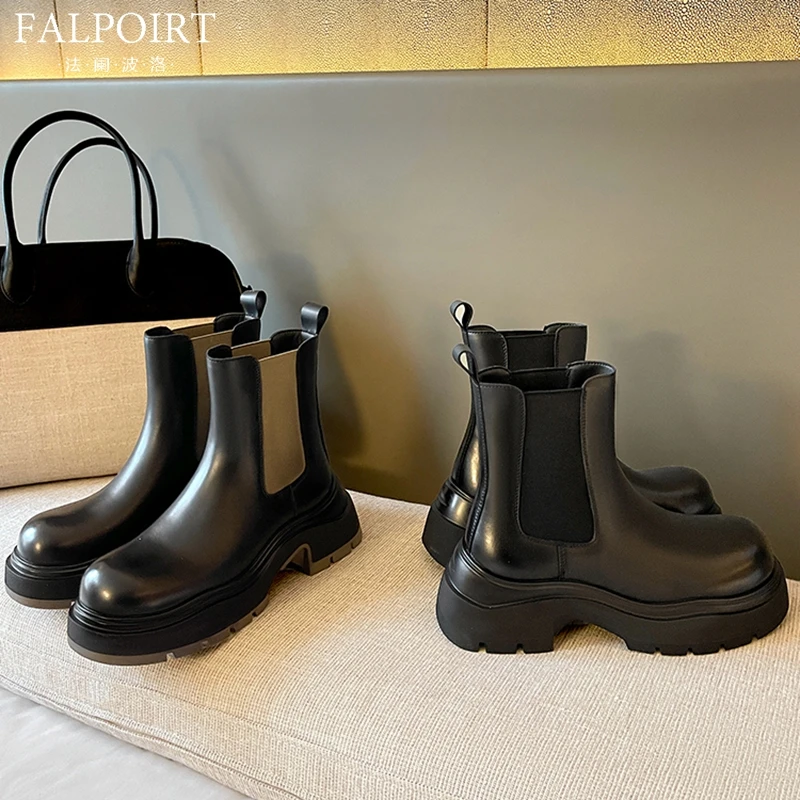 FALPOIRT厚底增高6/9cm切尔西靴真皮短筒马丁靴女秋冬加绒英伦风
