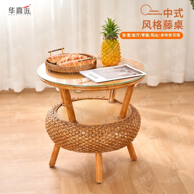 华喜匠XS025实木框架升级款真藤桌子水仙藤编手工加固加粗藤桌
