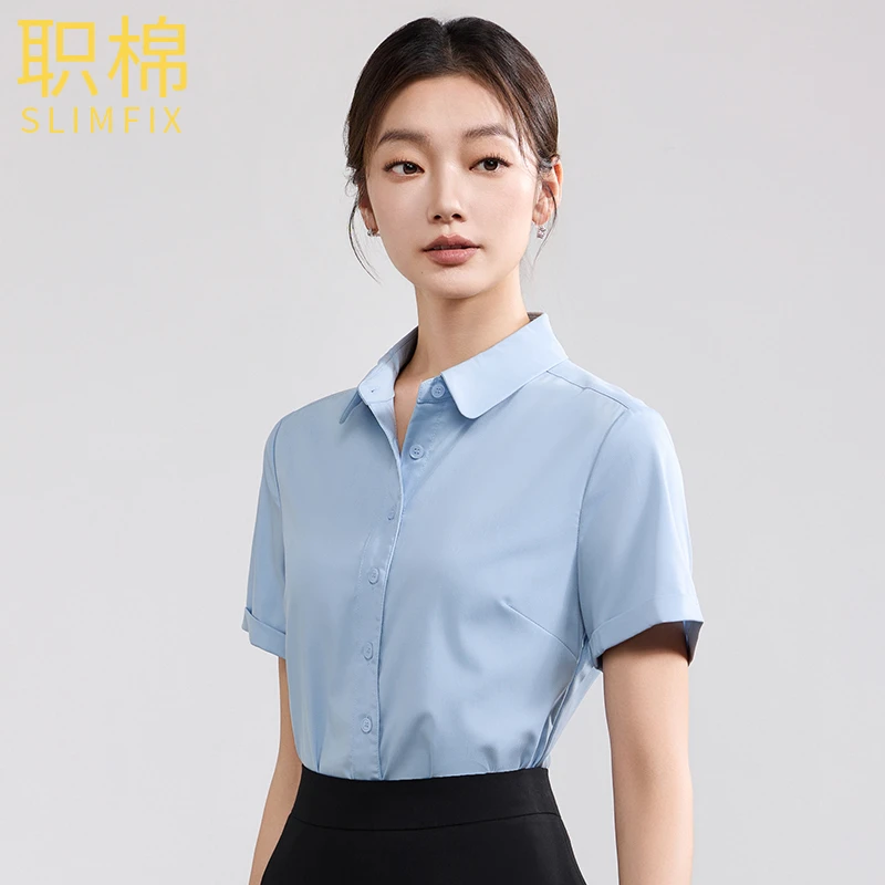 职棉春夏莫代尔不易皱白而不透衬衫短袖正装工作面试工装衬衣女士