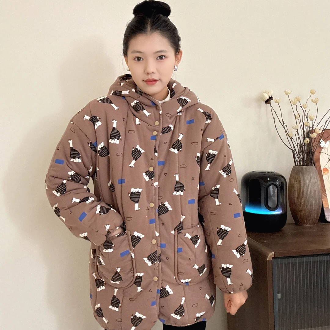 【咖底羊驼】300g新疆棉连帽开叉中长款宽松家居服女保暖棉花衣