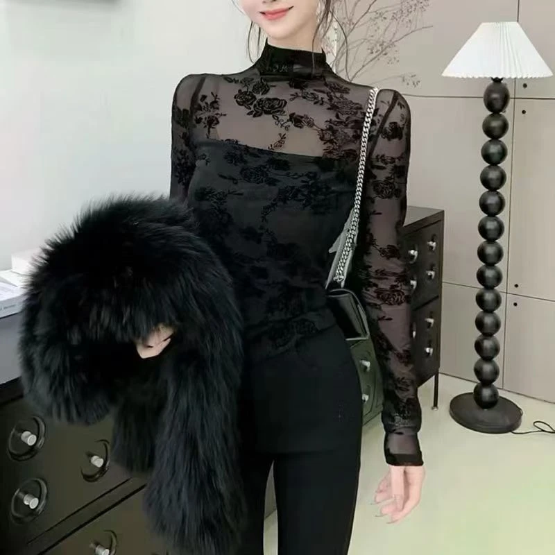 【早秋新款】2025微透长袖打底衫性感内搭半高领蕾丝衫女修身显瘦