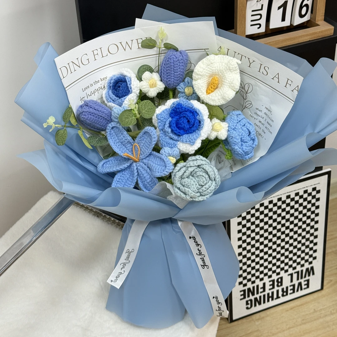 成品手工针织毛线编织泰国玫瑰混搭花束送女友情人节520礼物礼品