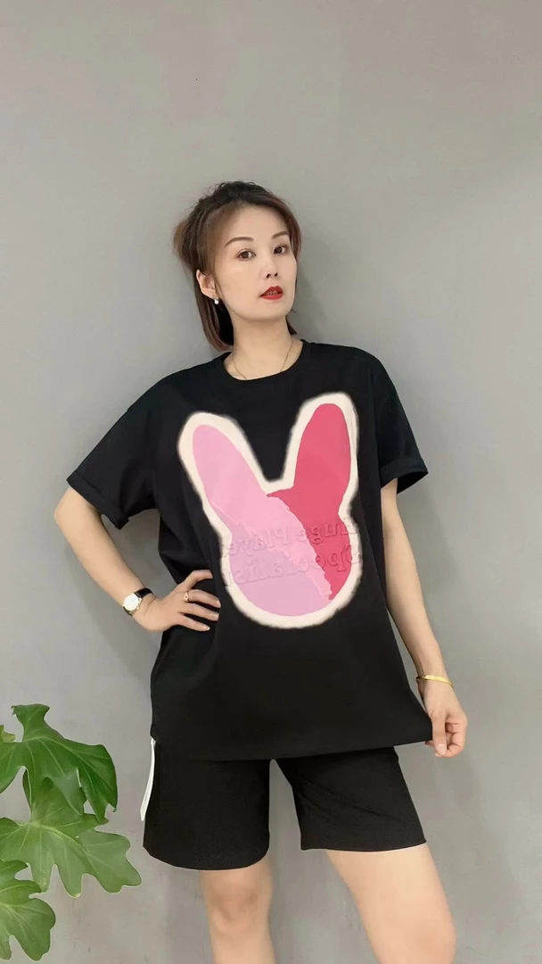 短袖拼色圆领纯色无袖宽松型T恤大版宽松黑色春夏套装百搭