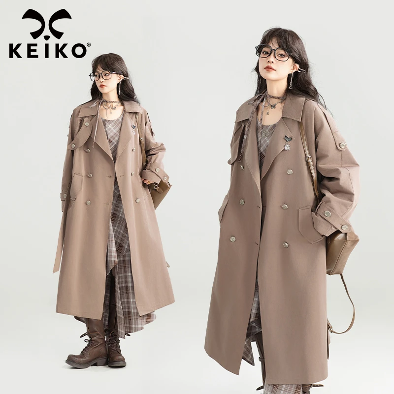 KEIKO法式中长款系带风衣女25秋季英伦通勤双排扣外套大衣牛角扣