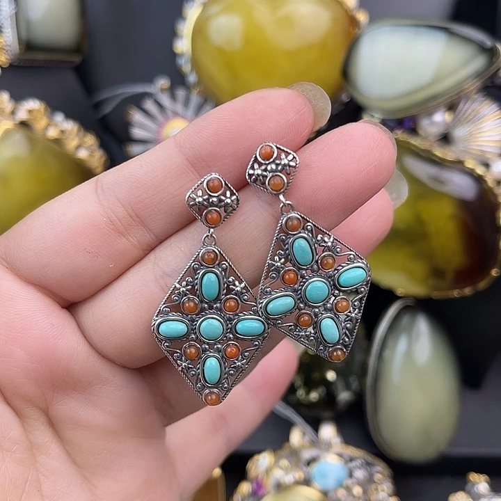 绿松石银S925镶嵌耳饰