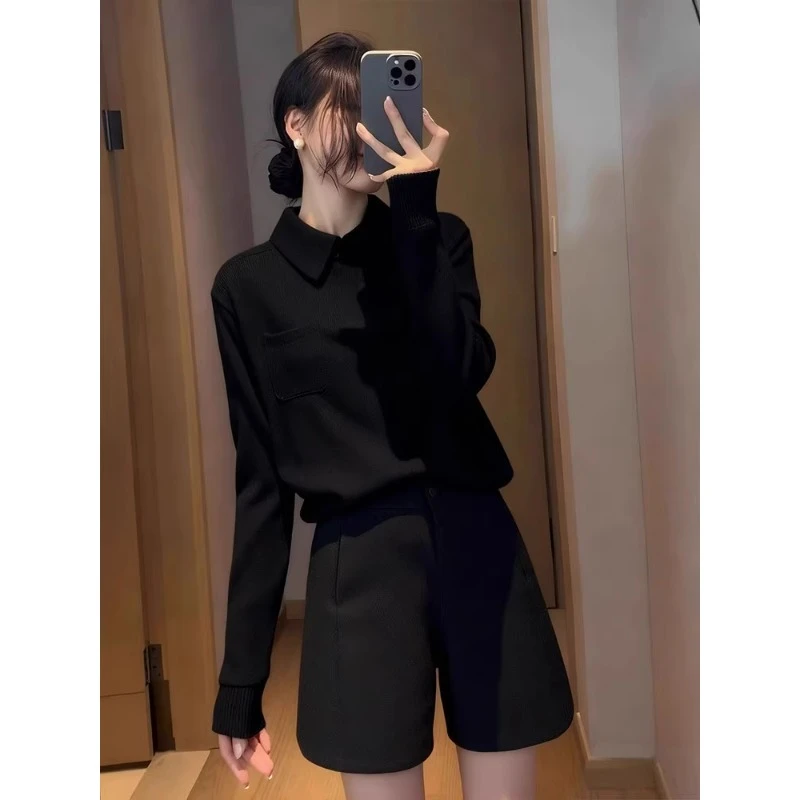 芊芊芙黑色polo领打底毛衣女2025秋新款高级感内搭显瘦针织衫上衣