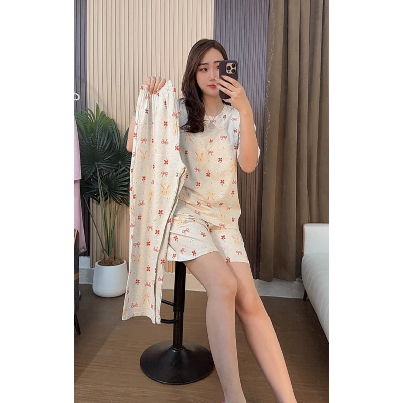 睡衣女夏季新款纯棉短袖长裤加短裤家居服（蝴蝶结兔子三件套）