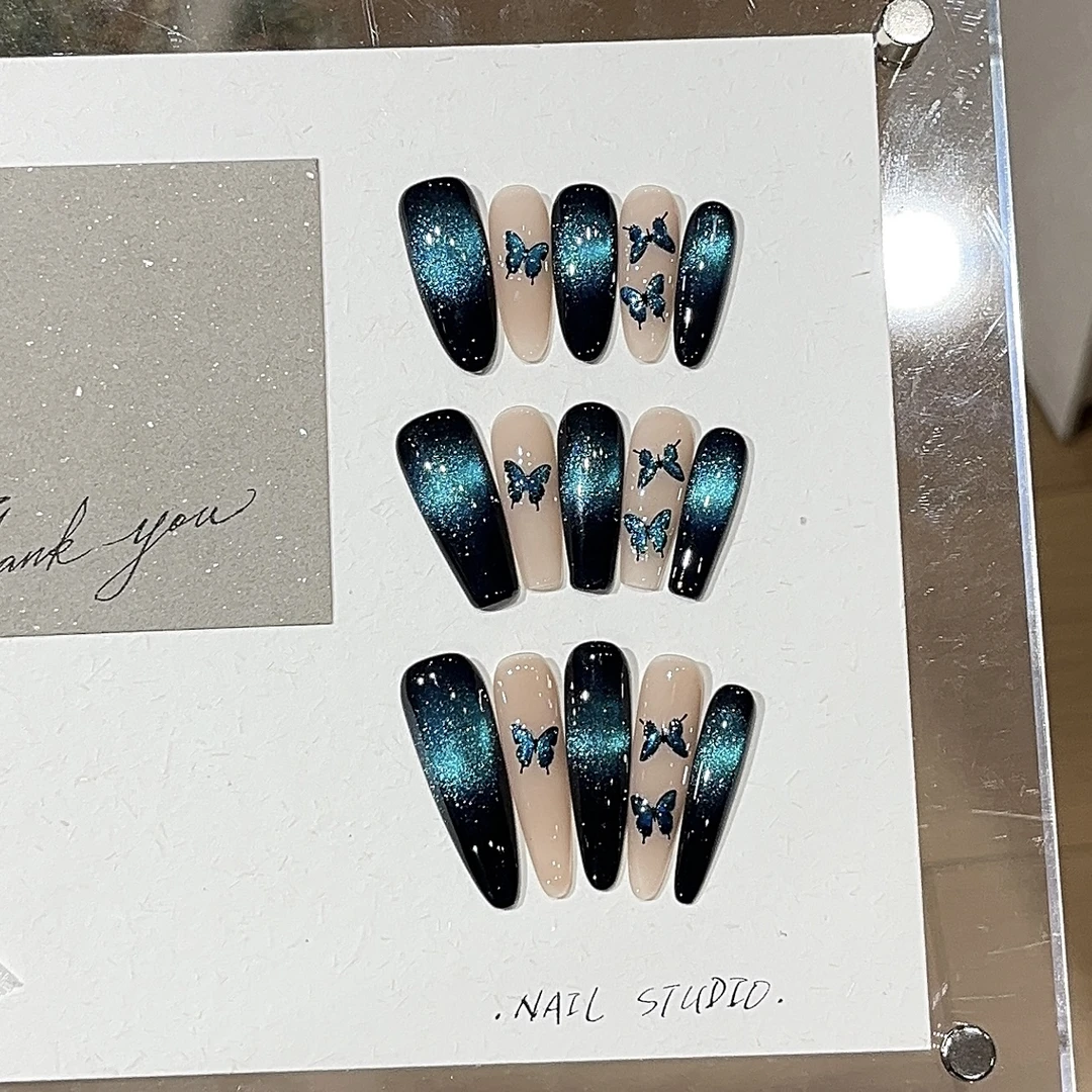 【蓝闪蝶】发光蝴蝶玻璃珠猫眼纯手工穿戴甲