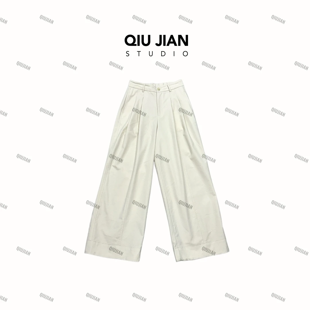 QIUJIAN【云烟雾里】DK-5083-001宽松通勤松紧高腰直筒休闲长裤