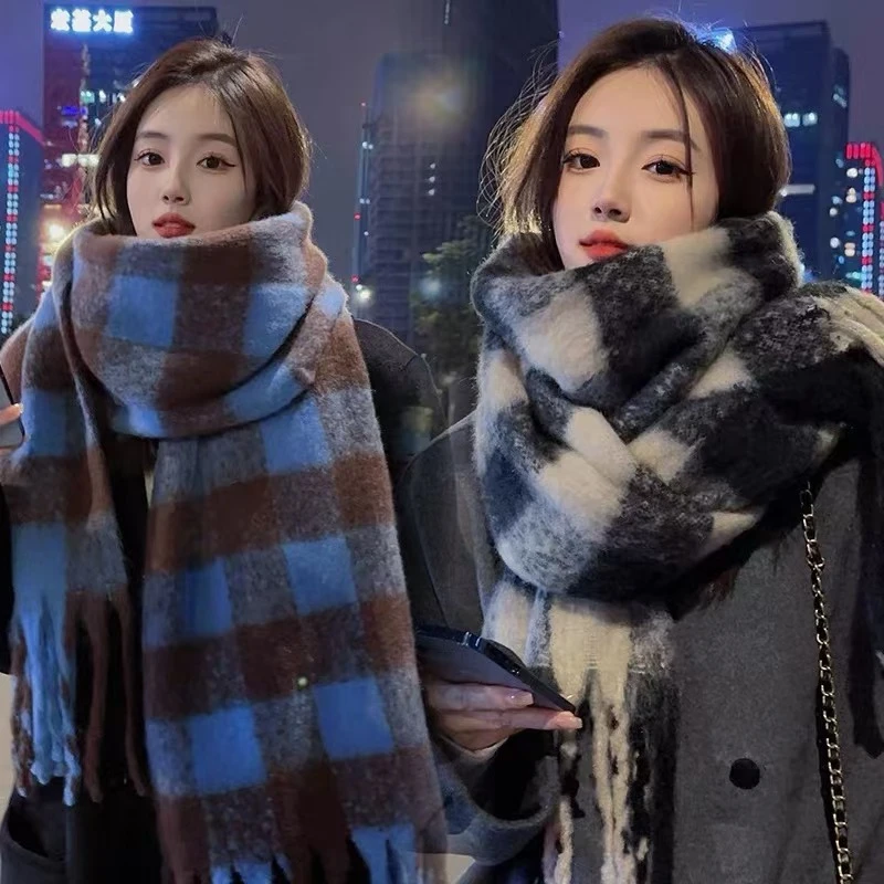DIY定制韩版围巾冬季高级感马海毛格子围巾保暖加厚围脖