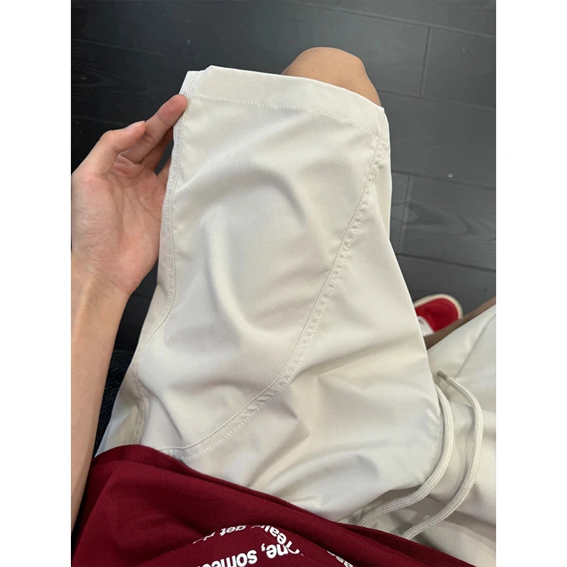 米白色斜切速干短裤男夏季薄款冰丝尼龙五分裤户外直筒休闲运动裤