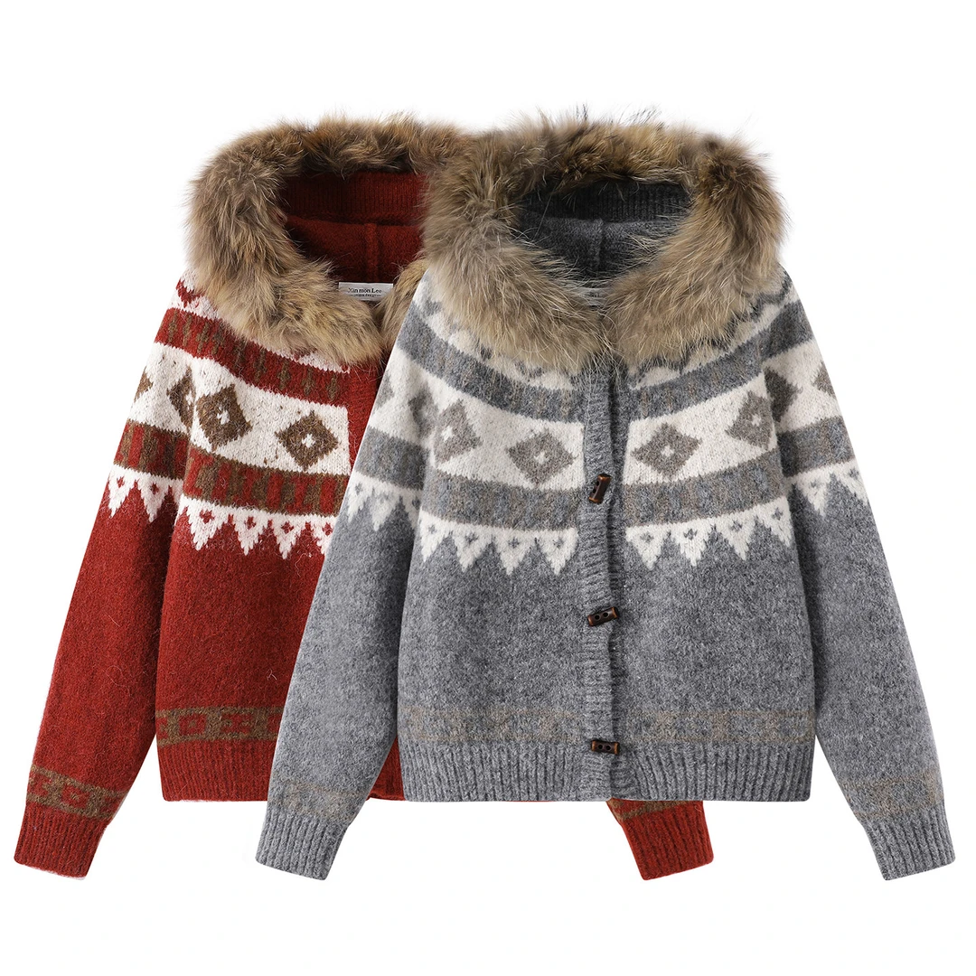 美式加厚版慵懒复古费尔岛圣诞风新年毛领连帽针织衫秋冬毛衣开衫