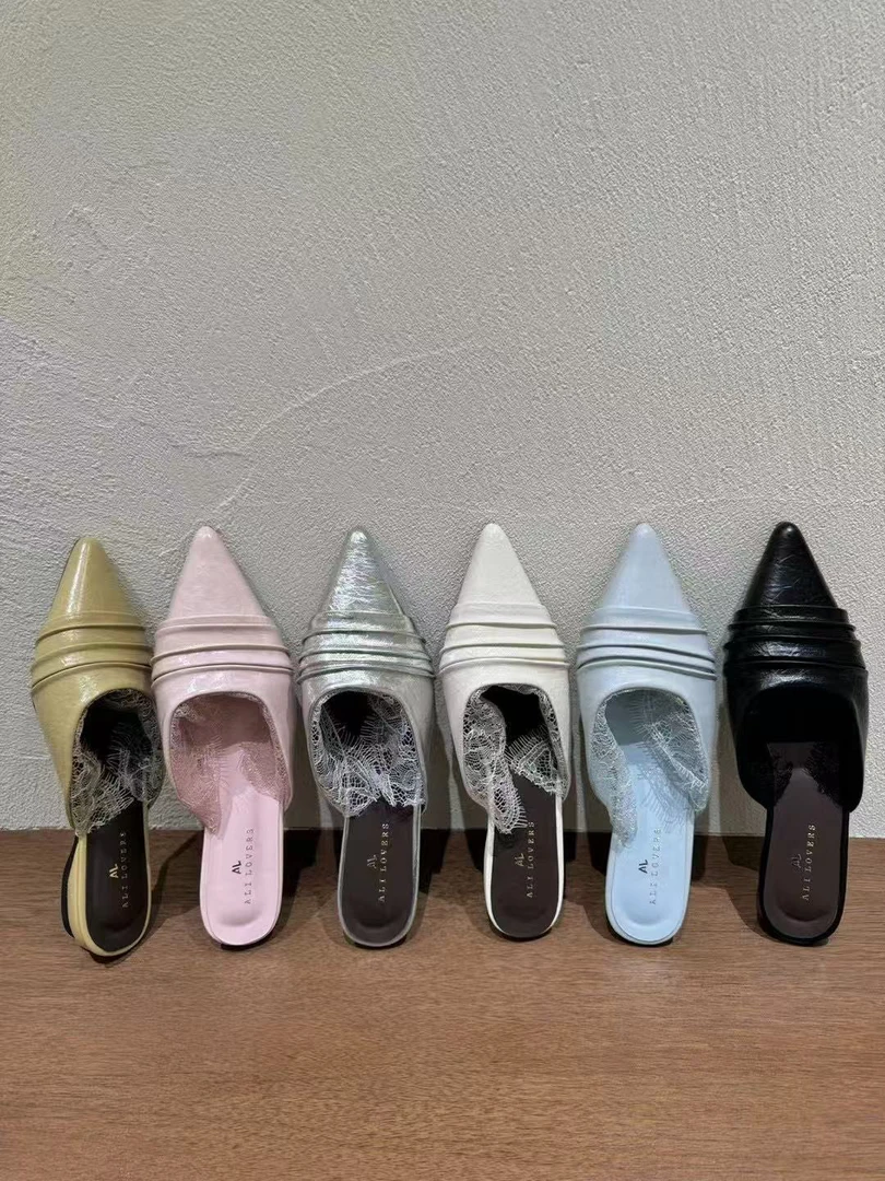 梦梦家/ Q69-4 好看到爆~法式拖鞋女蕾丝尖头单鞋春夏褶皱外穿