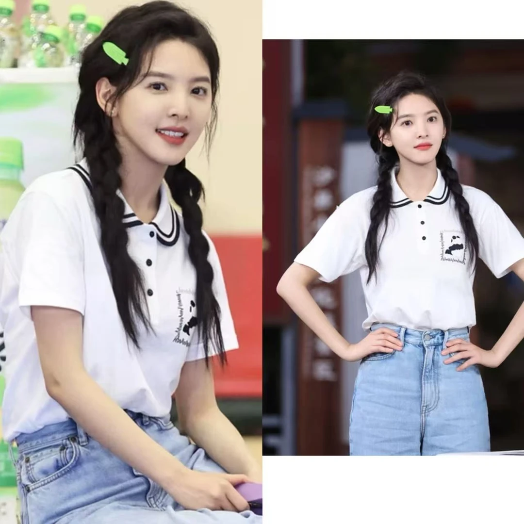 U039 学院风翻领法式休闲小熊猫刺绣甜美polo领T恤.