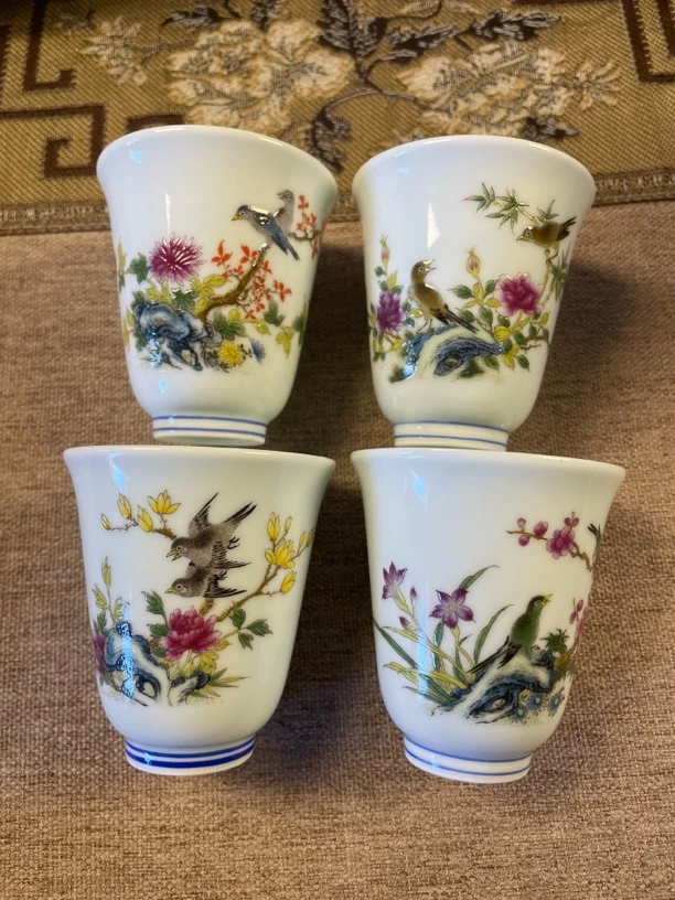 景德镇陶瓷粉彩釉上彩春夏秋冬茶杯四件套