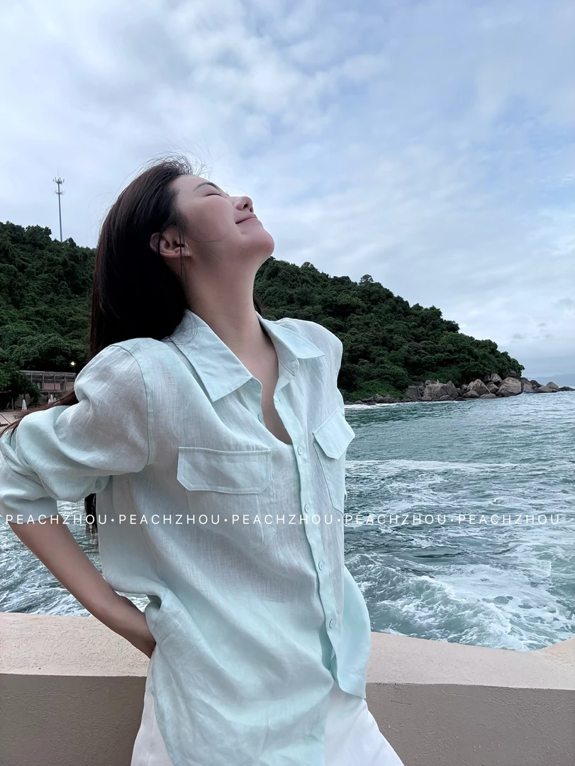 『PEACHZHOU』100亚麻浅薄荷干净盐系盖袋宽松翻领衬衫休闲洋气长袖