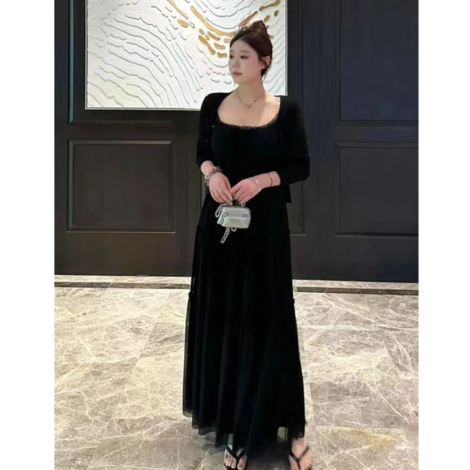 【海边风情】特大码法式复古法式褶皱大裙摆吊带连衣裙显瘦长裙