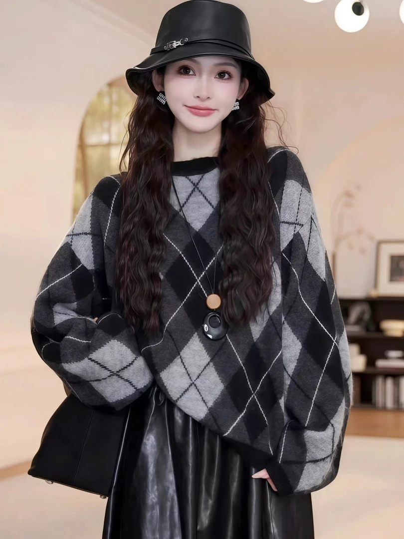 秋装宽松慵懒风格子毛衣针织衫女2025新款韩系巨好看轻熟上衣早秋
