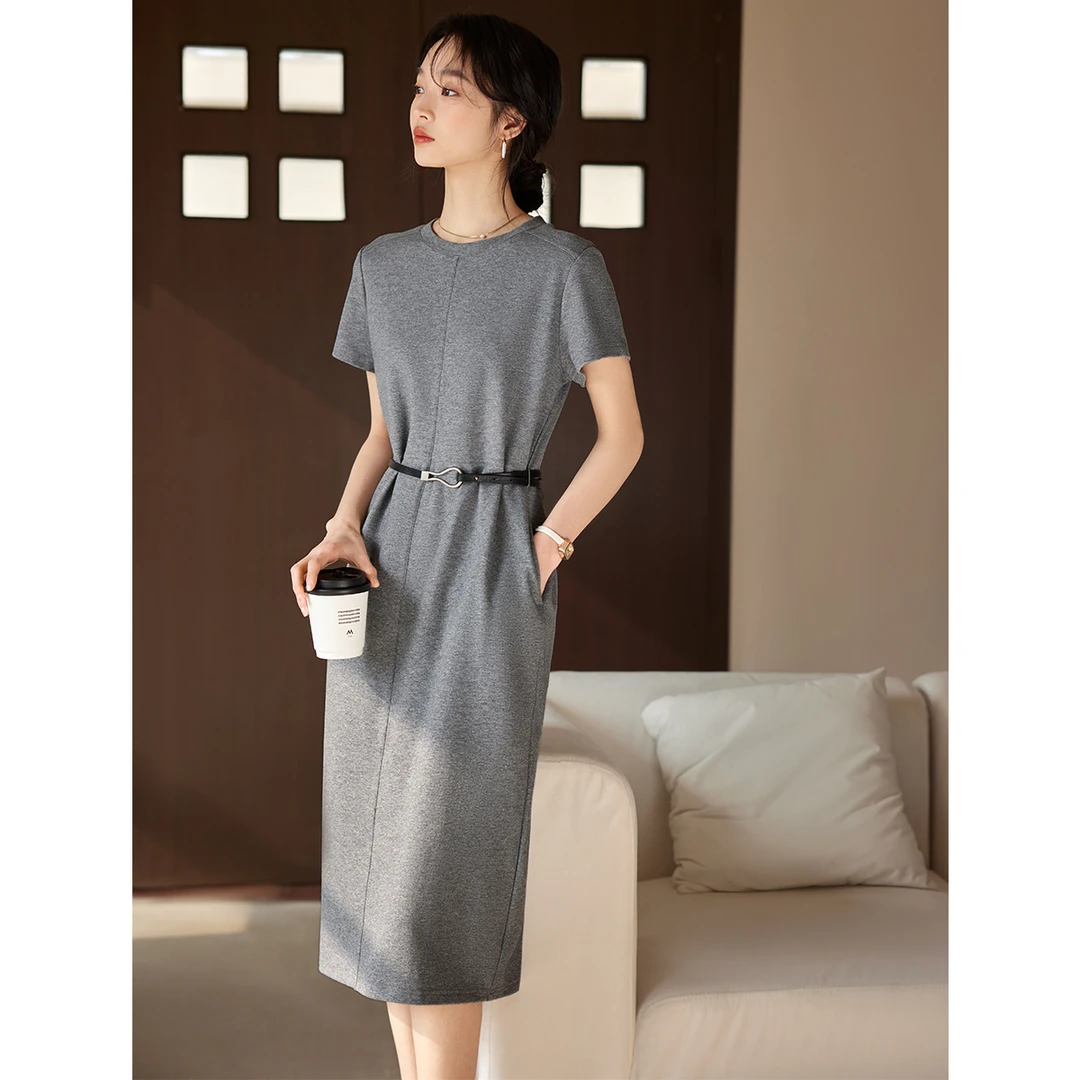 GDAMS商场同款2025夏季新款圆领短袖连衣裙腰带收腰显瘦气质裙子