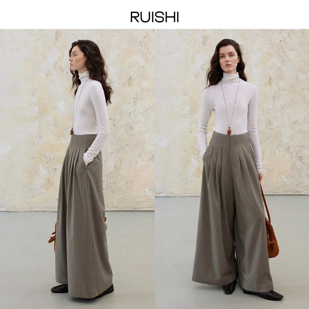 RUISHI芮时 “溯息褶影”法式连腰垂感高腰阔腿裤女秋R25C121803