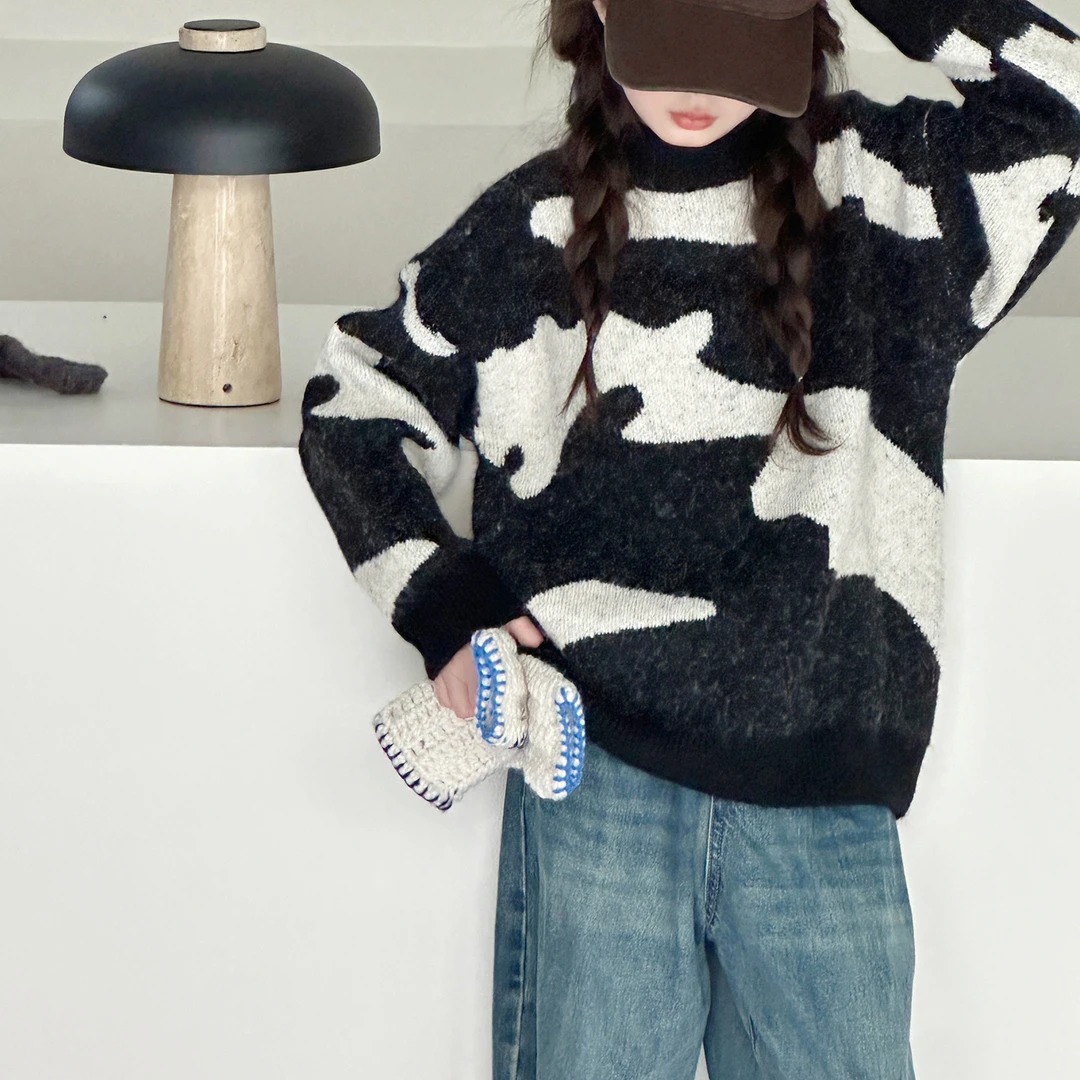 女童时尚毛衣2025新款女大童网红斑马纹针织衫百搭上衣秋季打底衫