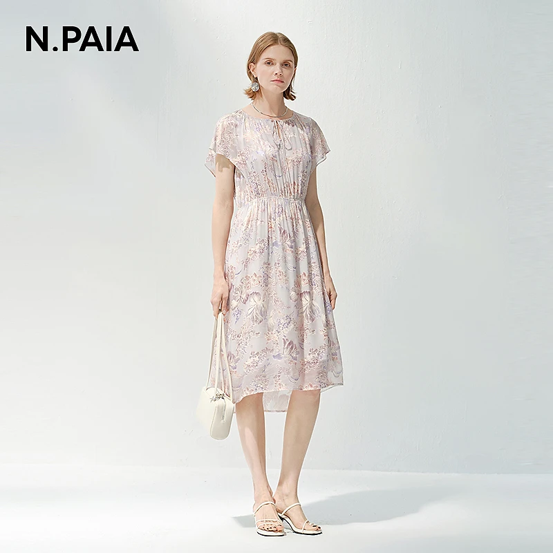 恩派雅2025新款桑蚕丝人丝剪花图腾小飞袖连衣裙女XNKES4640A