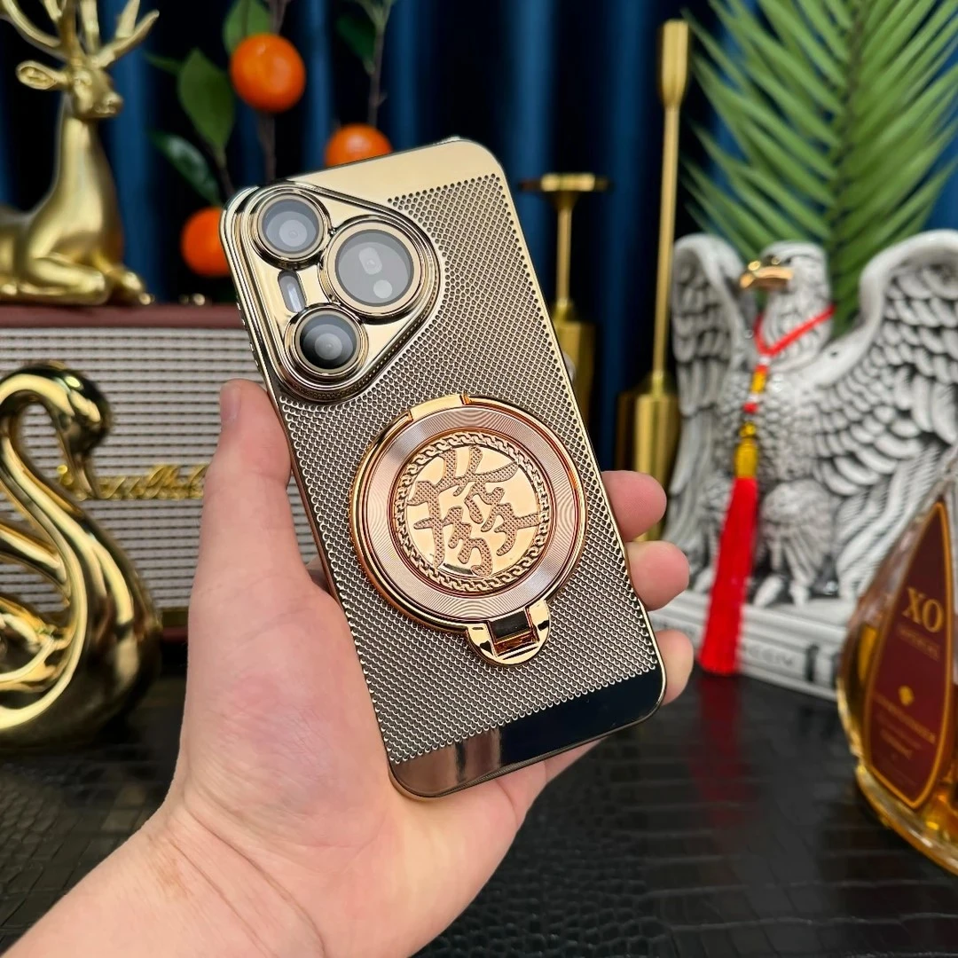 适用【华为Pura80Pro/Ultra】金色电镀散热陀螺支架全包防摔手机壳