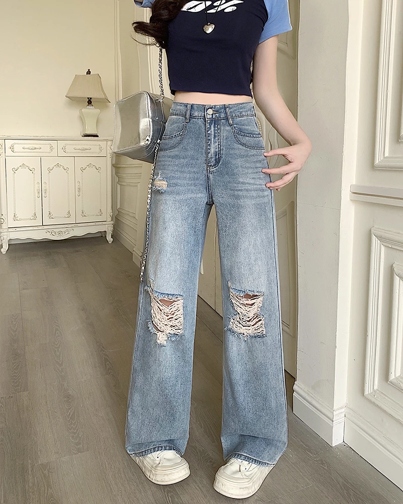 大码女装2025春季复古高腰显瘦设计感长裤垂感窄版牛仔裤65511