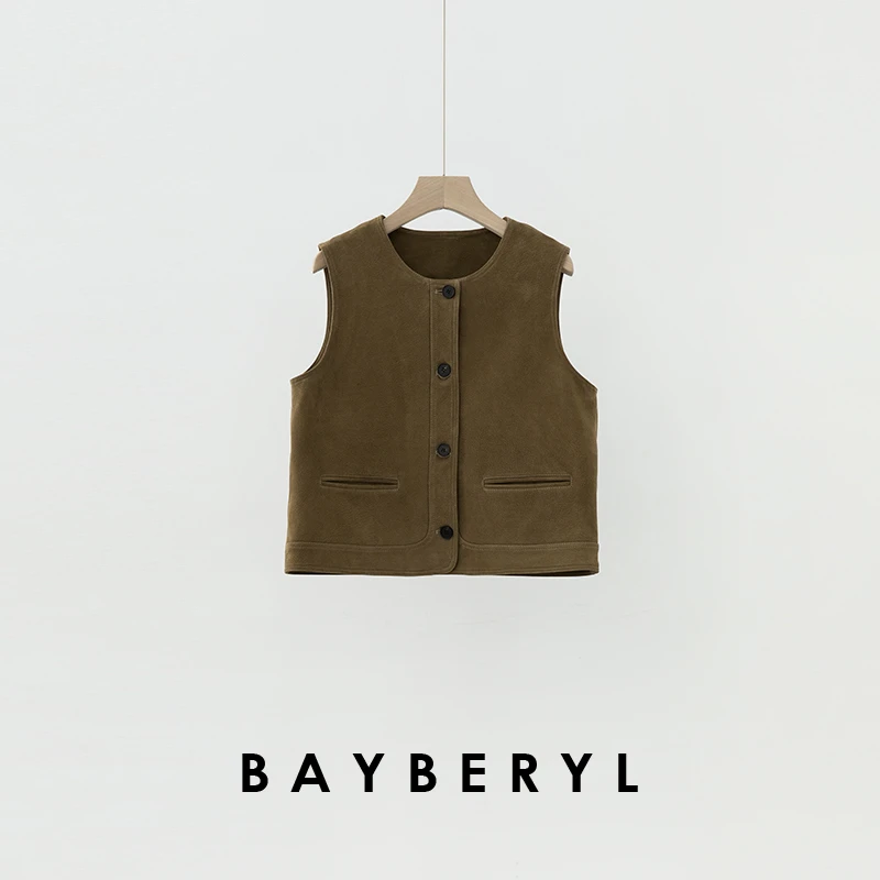 BAYBERYL老贝调性叠穿*圆领时髦排扣无袖25春皮马甲PY5A0915-2/11