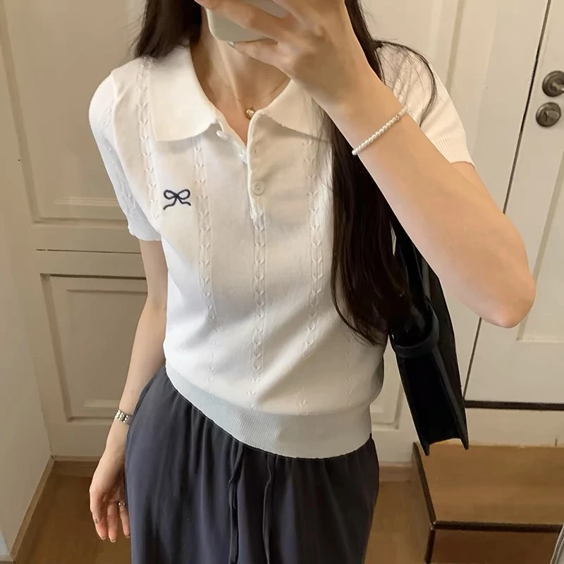 A  polo领刺绣小蝴蝶结短袖针织衫竖纹麻花薄款纯色翻领上衣9066#