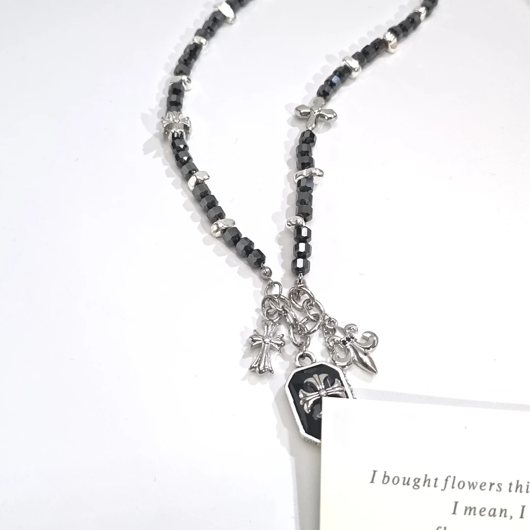 铜合金仿水晶项链 06649高级时尚气质黑方块十字个性项链