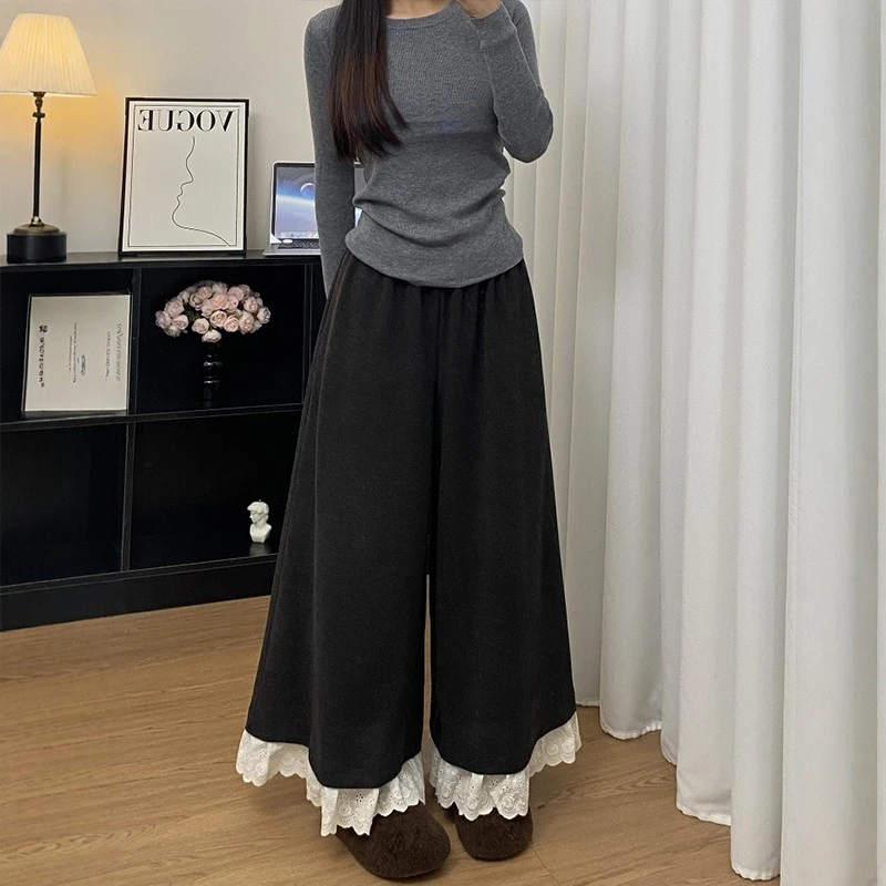深灰色蕾丝拼接糯米裤裙秋季新款胖mm梨形身材慵懒风阔腿休闲裙裤